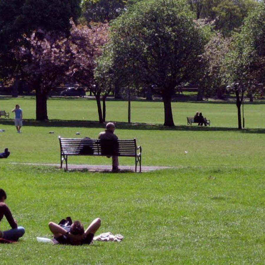 A park showing people sat and lying on the grass with trees in the background