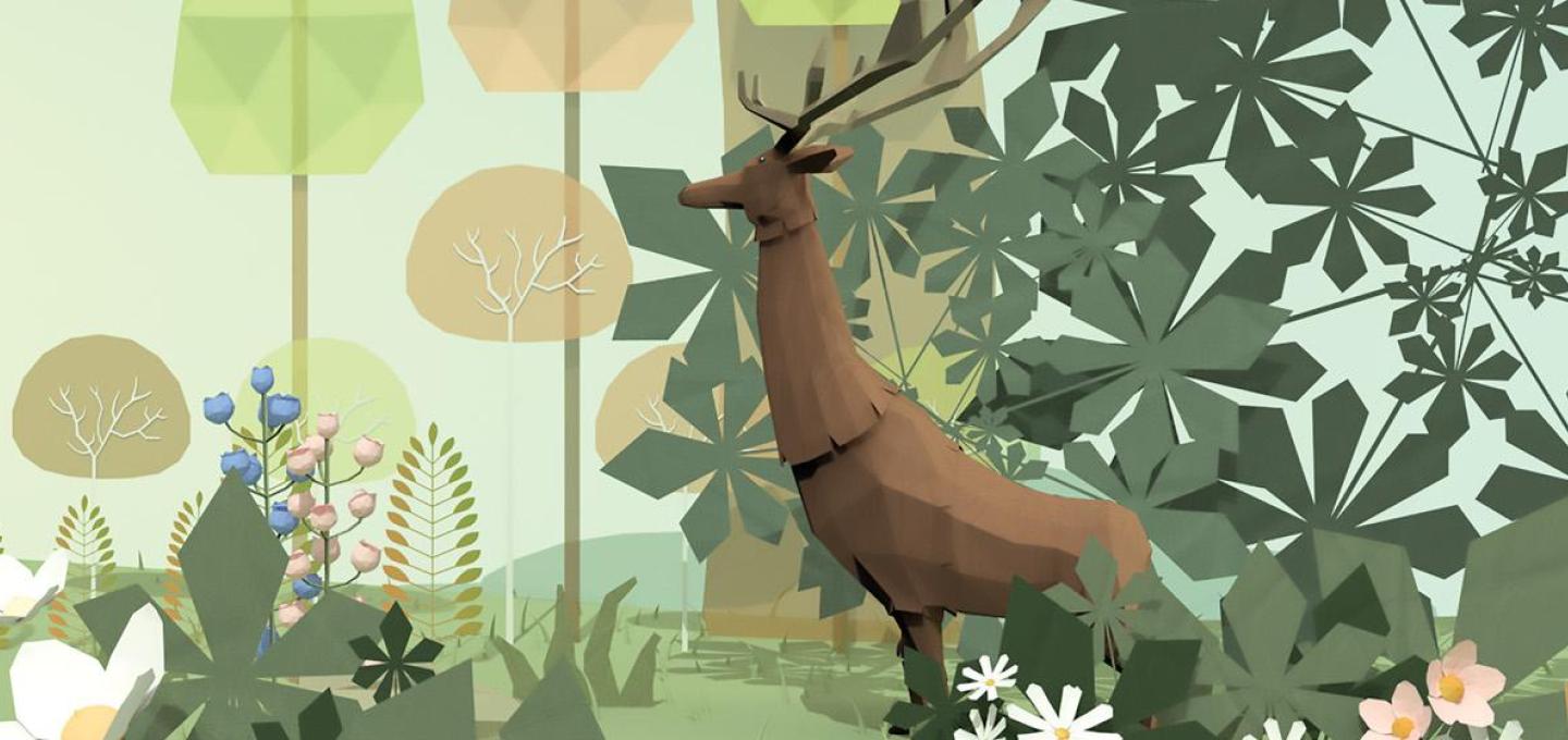 A digital image showing a stag surrounded by green leaves