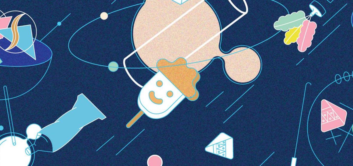 A piece of graphic design. A dark blue background has various illustrations on, including an ice lolly with a cowboy hat, a tube of paint, and a naughts and crosses game