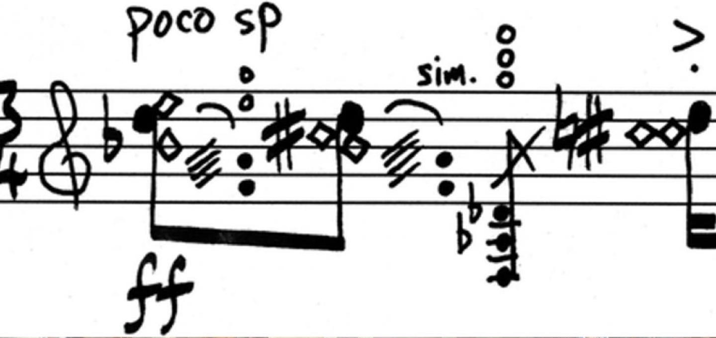 An extract from a piece of sheet music showing different musical notation styles
