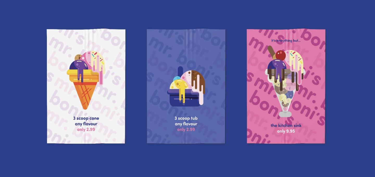 three graphic design advertising concepts for ice cream, in white, blue and pink colours and a bold graphic style