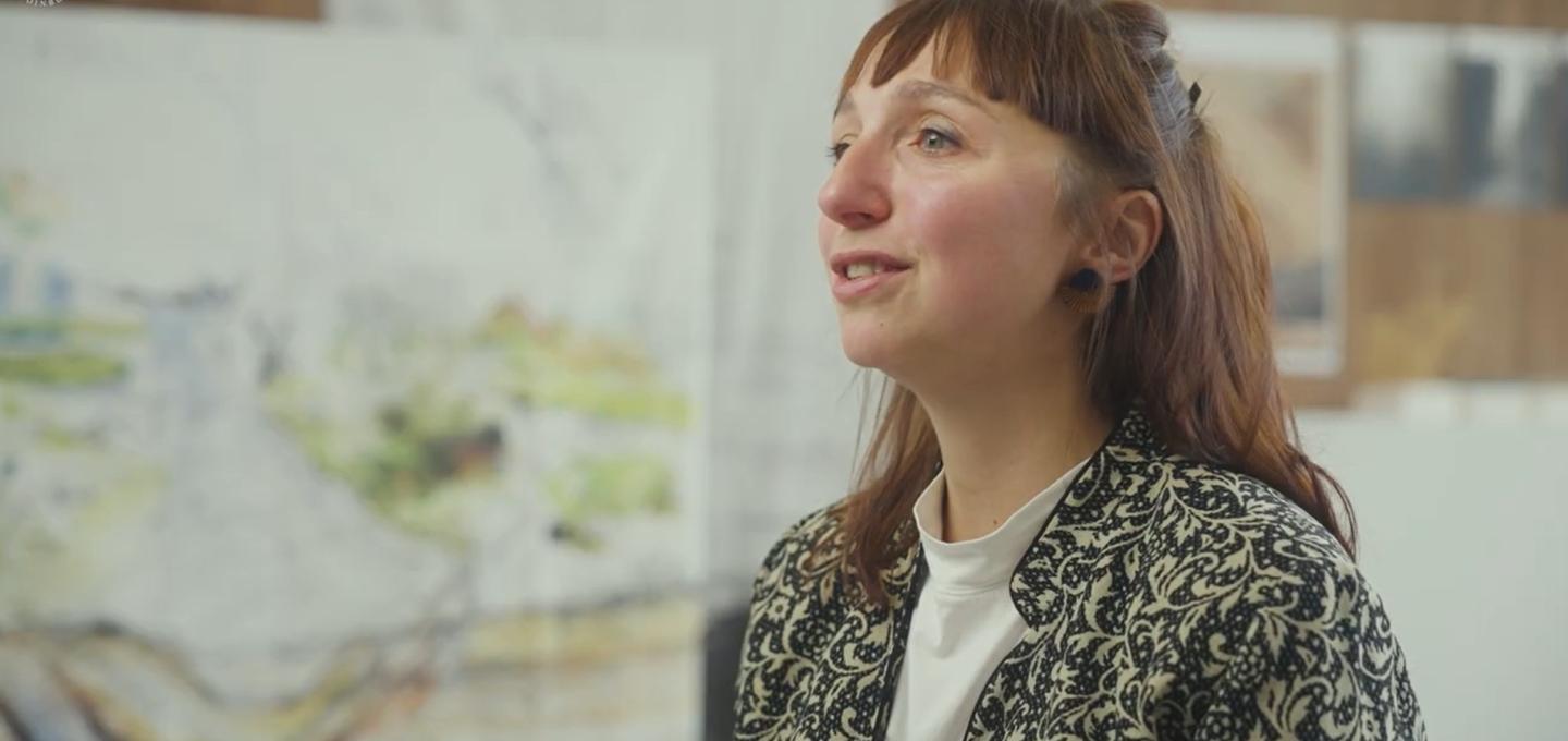 Programme Director Anais Chanon stands in ECA's Sculpture Court, surrounded by work from the Landscape Architecture programme.