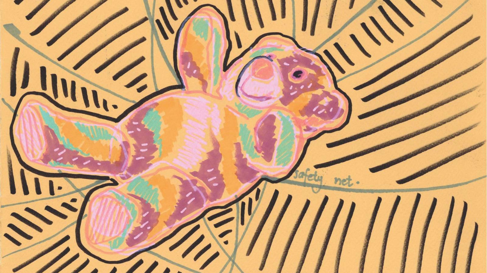 Illustration of a teddy bear, surrounded by lines giving texture. Text reads 'safety net'.