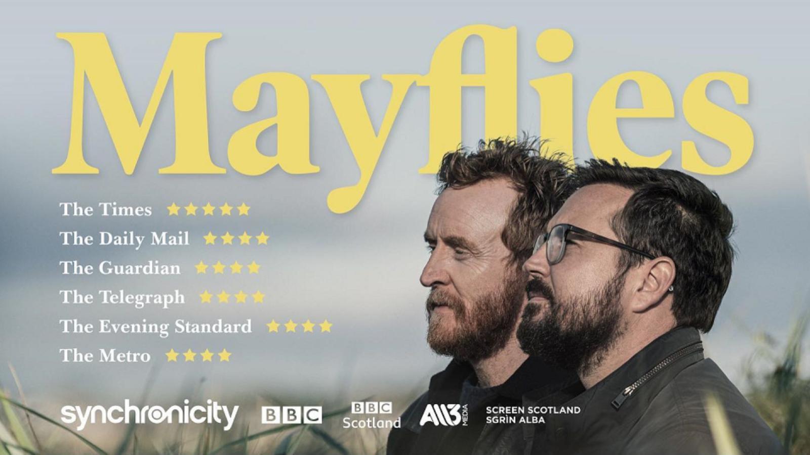 Poster for BBC Series Mayflies featuring an image of Martin Compston and Tony Curran.