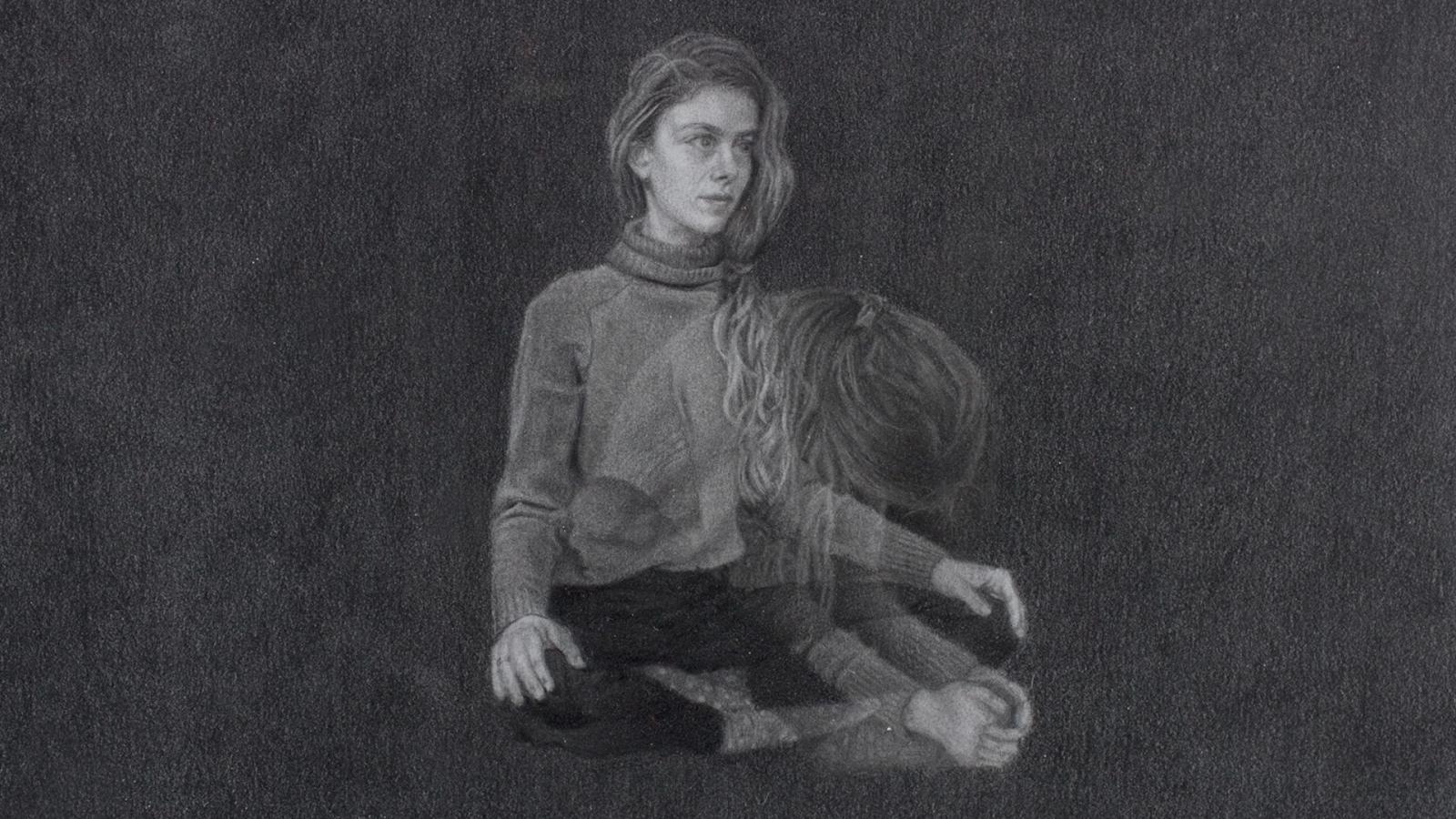 Grayscale drawing on a dark grey background. A person sits cross-legged, with what seems to be a shadow of themself overlaid, falling forward.