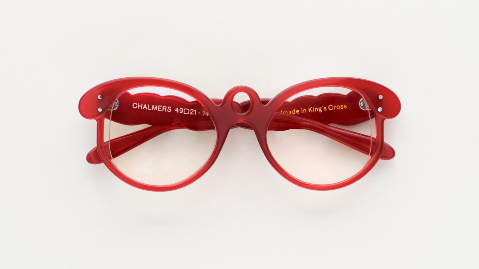A photo of the red Chalmers glasses design by Holly Munro against a white background
