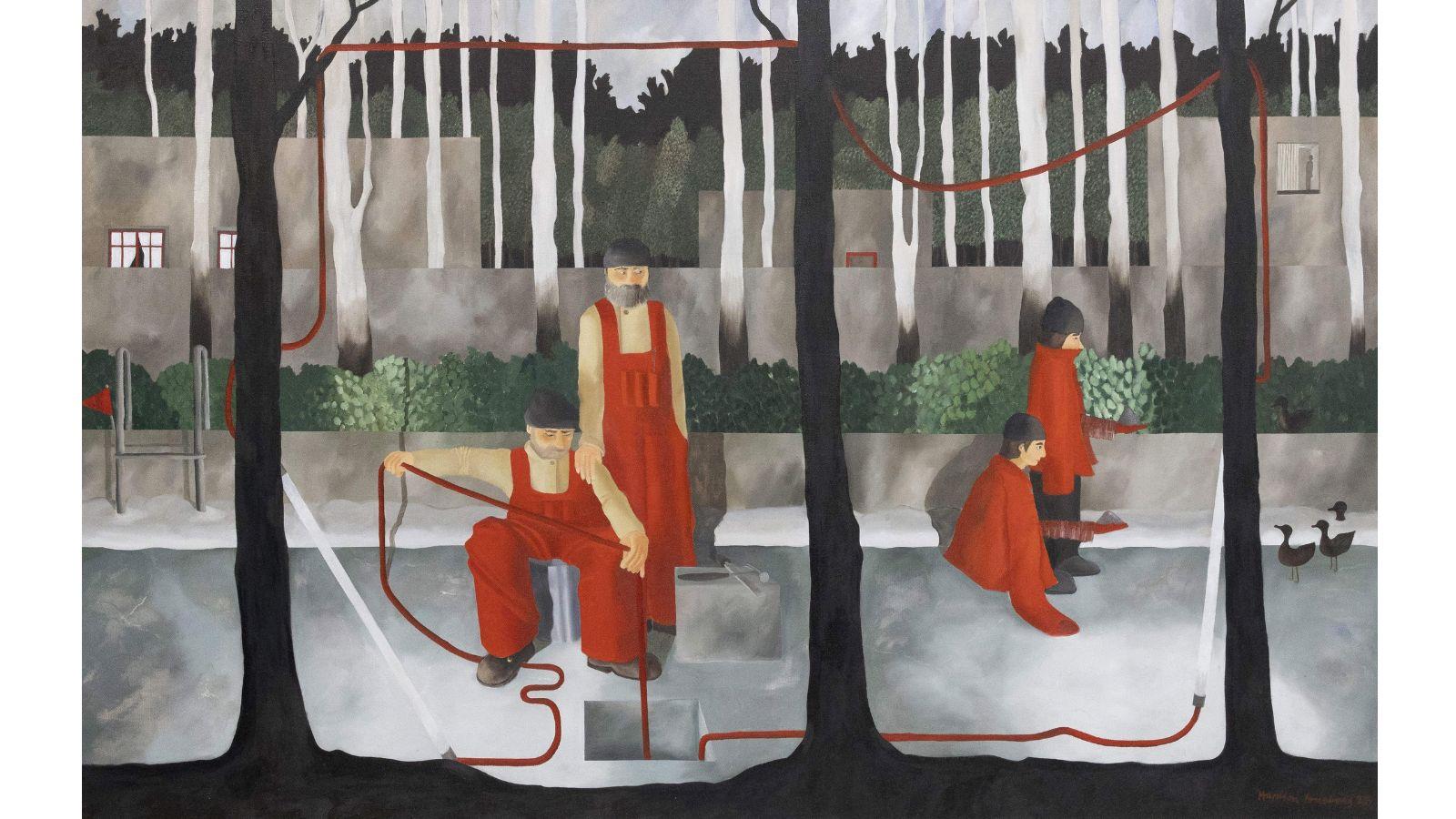 A painting. The foreground shows three narrow tree trunks, framing four figures in orange/red clothes. The two smaller figures, to the right, are feeding ducks. One of the two larger figures, centre, is lowering rope into a hole in the ground; the other stands beside them. There are further white, narrow tree trunks in the background.