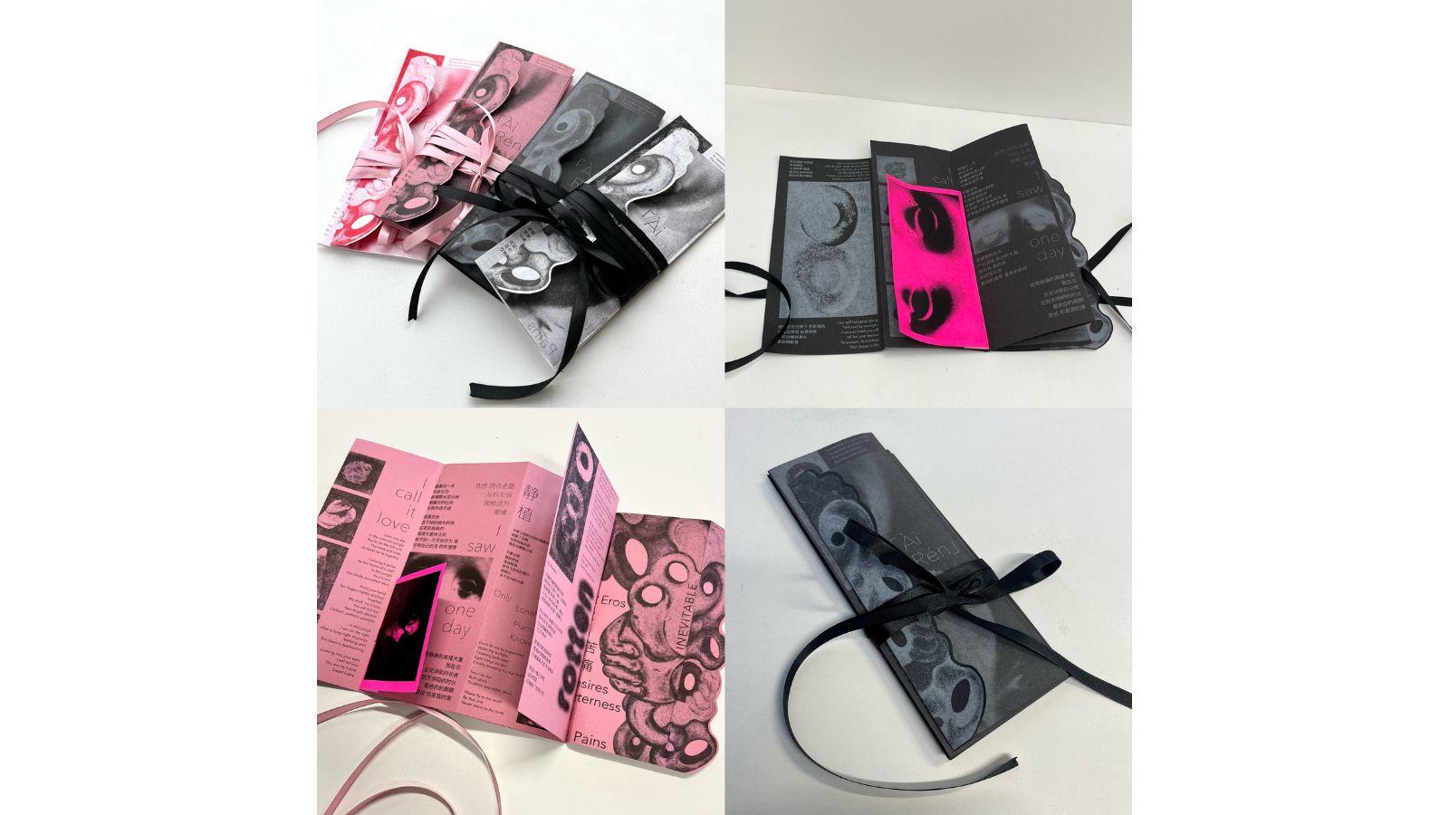 Four images showing folded, illustrated work on card, which can be tied closed with a ribbon