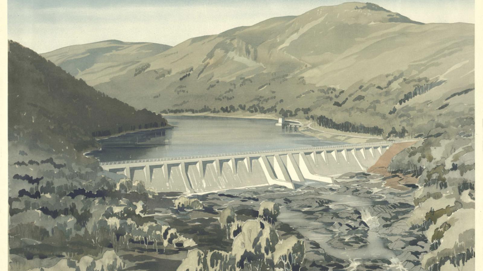 A watercolour painting of a concrete dam in the middle of a mountainous landscape.