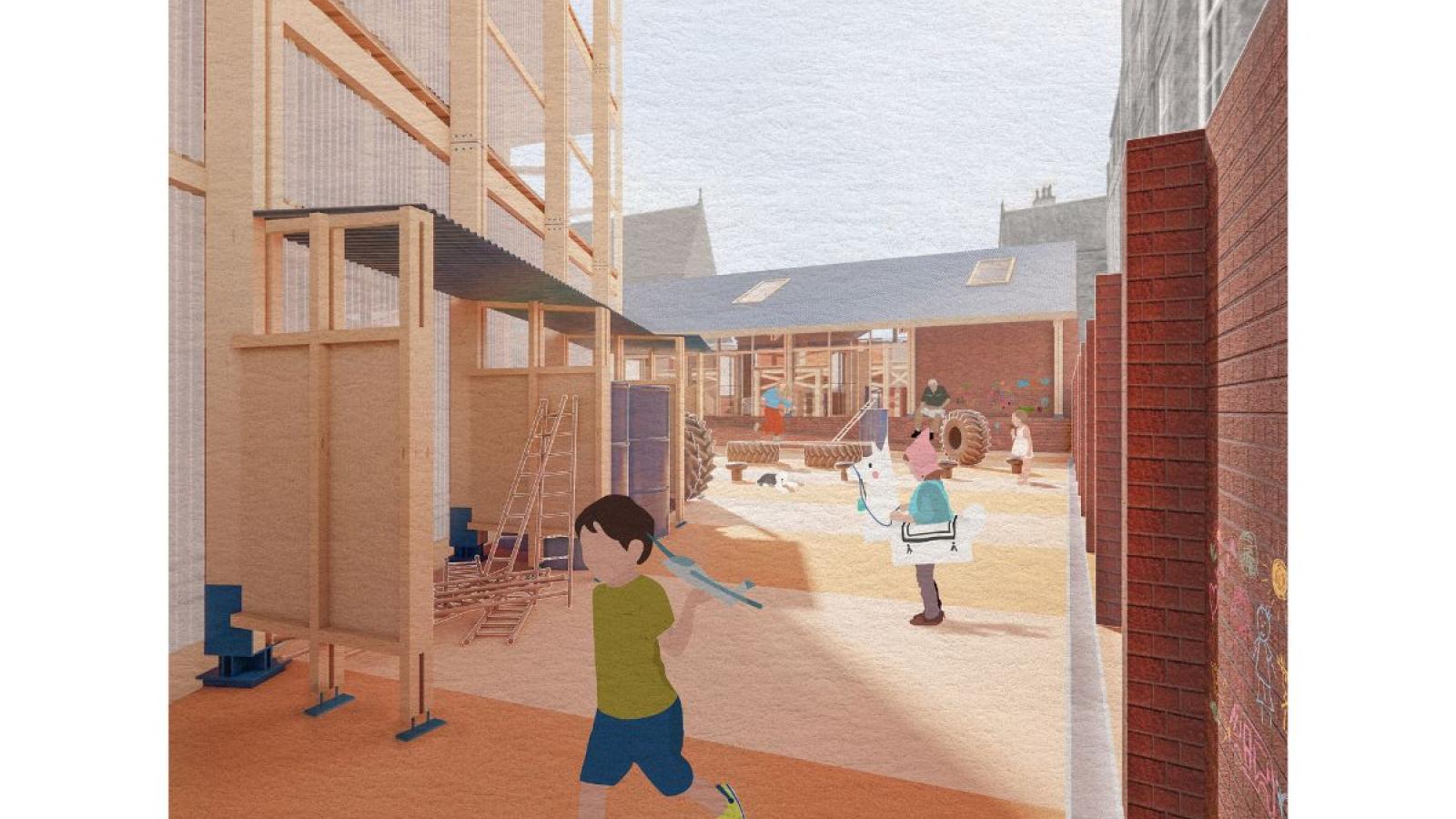 A digital illustration of a children's play area - a boy in the foreground is holding a toy plane and running, behind him another child is wearing a horse outfit