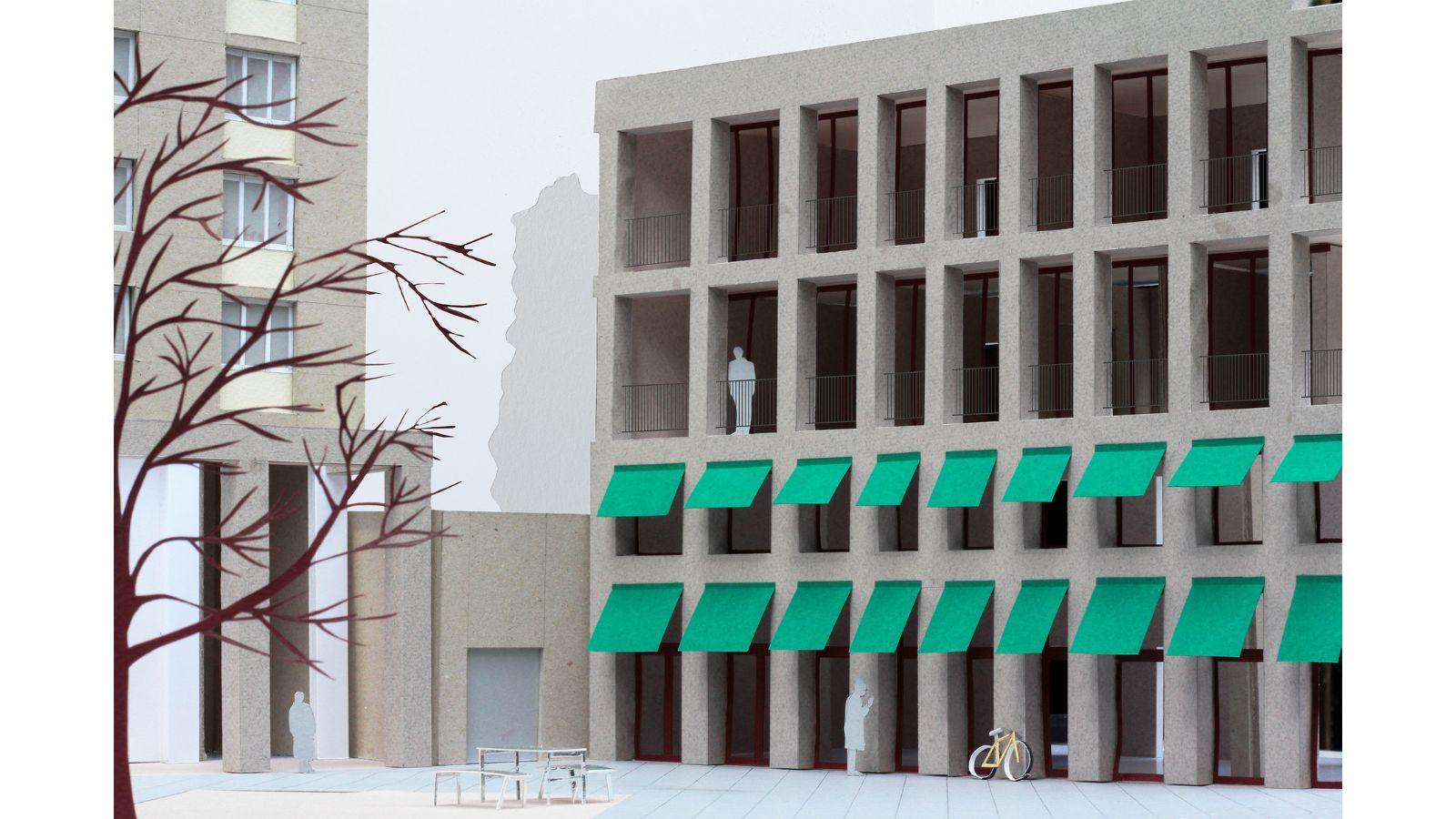 A computer generated image showing the elevation of a four-storey building, in pale stone. The lower two floors have green awnings over each door/window. There's a bare tree in the open space in front of the building. The corner of a tower block sits next to it.