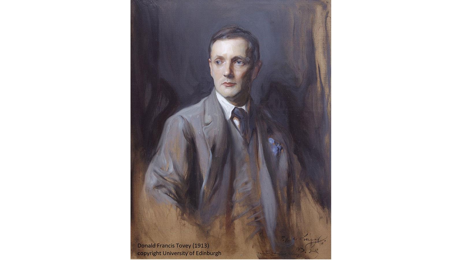 A painting of Donald Francis Tovey wearing a grey/brown suit and looking to the side.