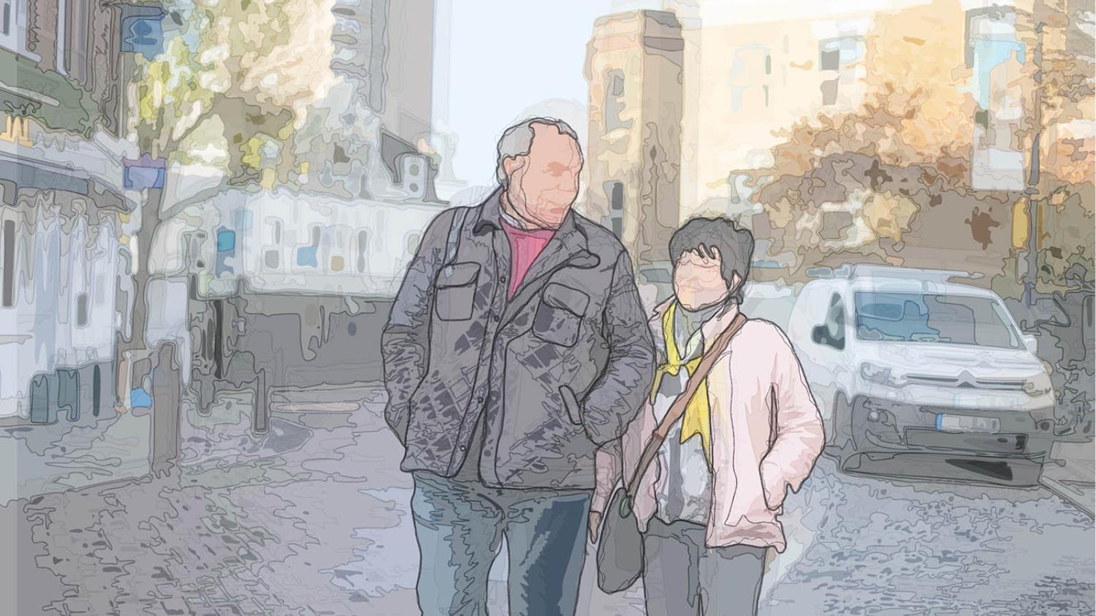 A photo which has been manipulated to look like a drawing. It shows an older man and woman strolling down a street arm in arm.