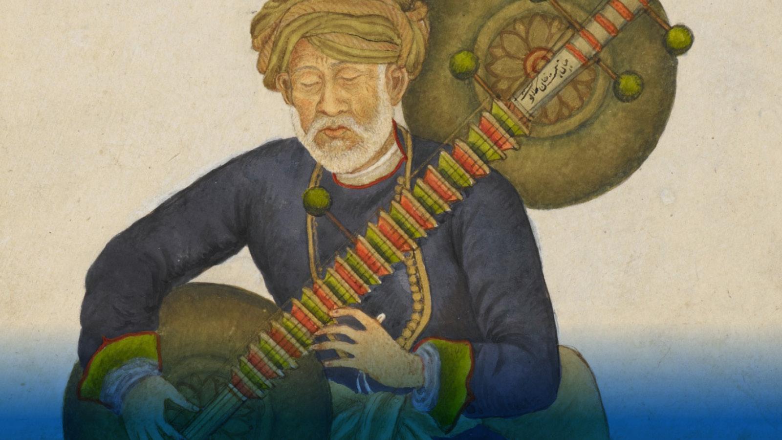 A painting of a person wearing a navy blue jacket and yellow turban. They hold a sitar 