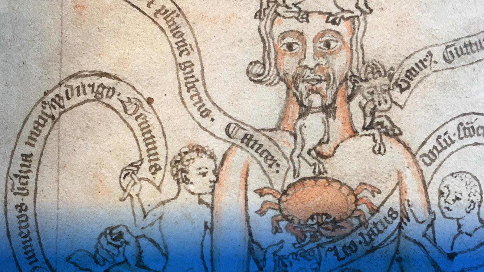 A medieval drawing of a person with smaller figures sitting on their arms. A horse-like creature goes through the neck of the figure whilst a crab hands upside down on their chest. Scrolls of latin stick out from the figure.