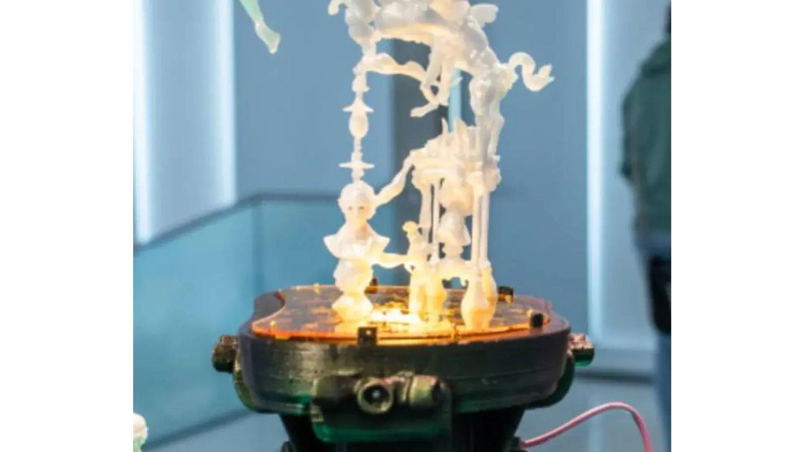 An AI-generated 3D print. It is white, includes human heads, animal parts, and other shapes, lit from below.