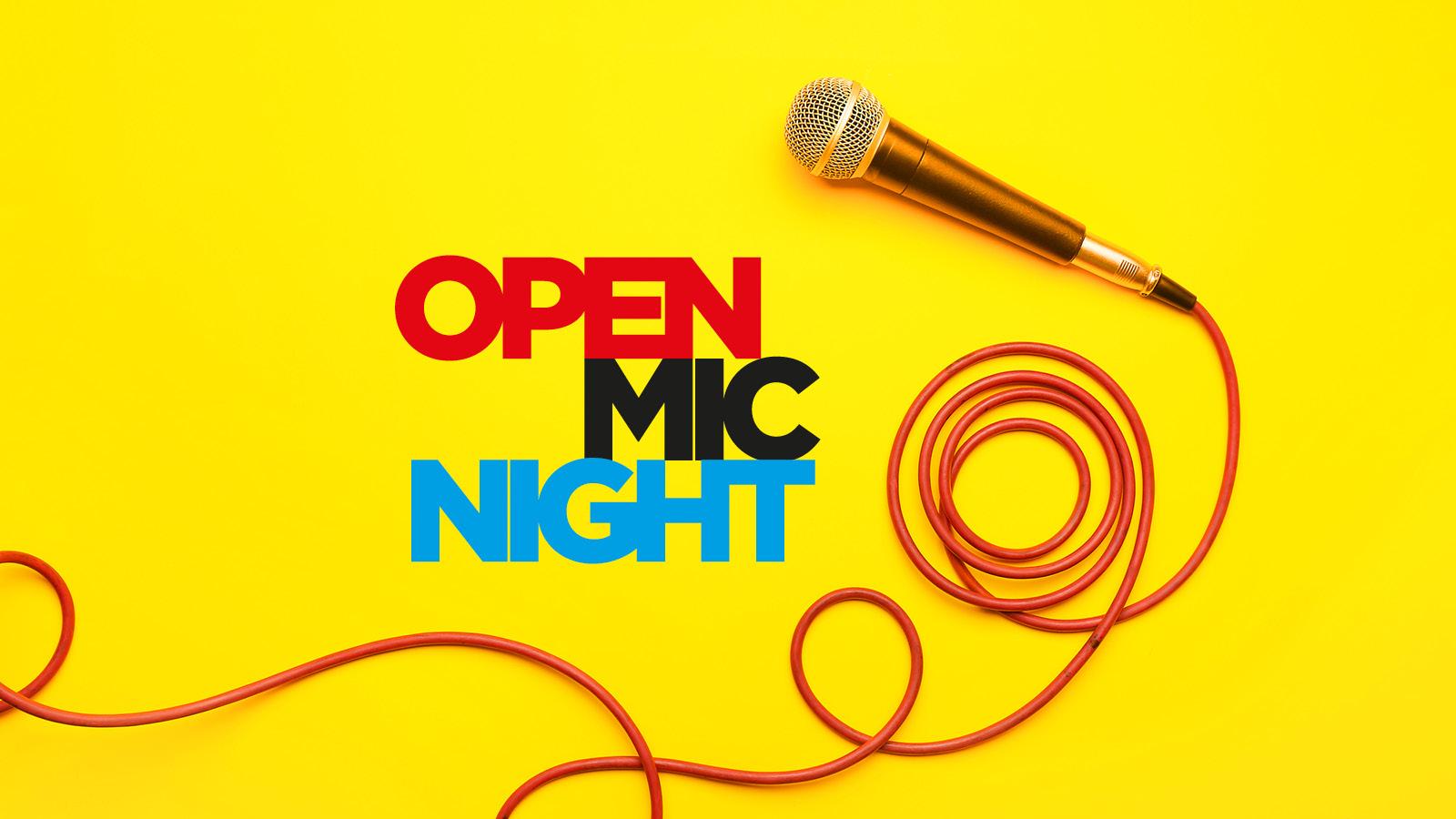 A mic with a long and curled cable rests on a yellow background. The words 'Open Mic Night' are next to it in red, black and blue respectively.