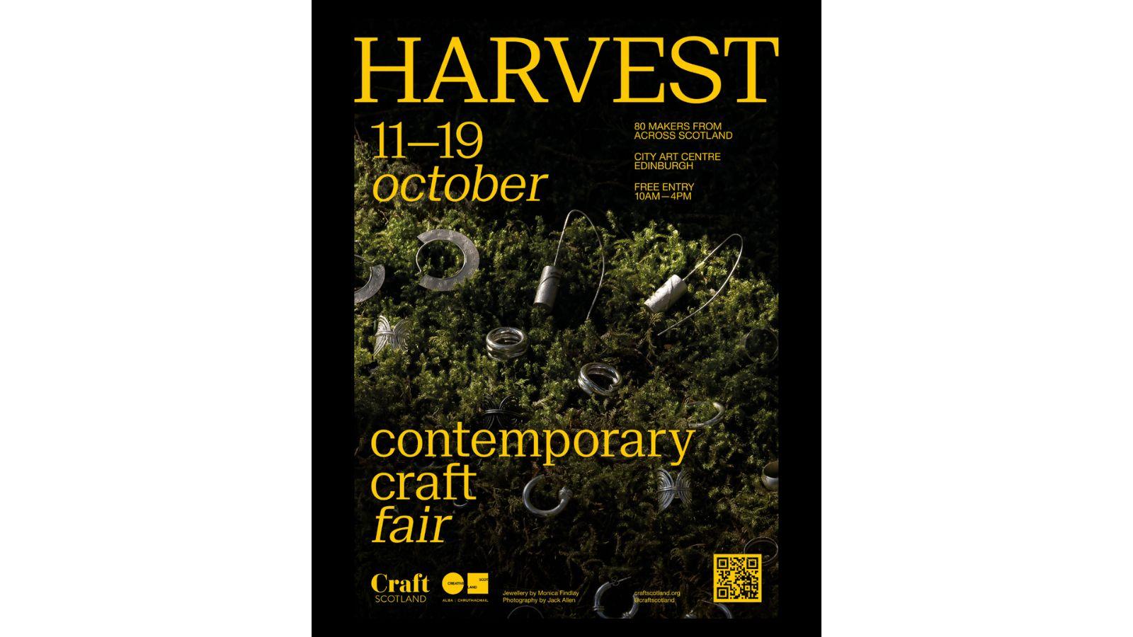 Poster for Harvest Contemporary Craft Fair. The images shows silver-coloured jewellery lying on a bed of moss.