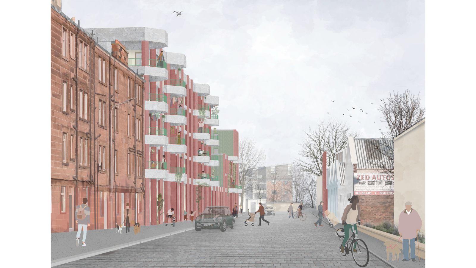 An Edinburgh streetscape - alongside traditional tenements on the left are a row of more modern buildings, reddish pink with white balconies