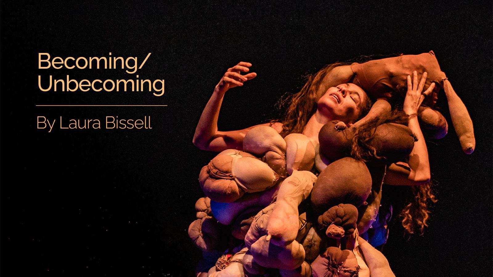 A poster with a person standing, covered in flesh coloured, limb-like objects.