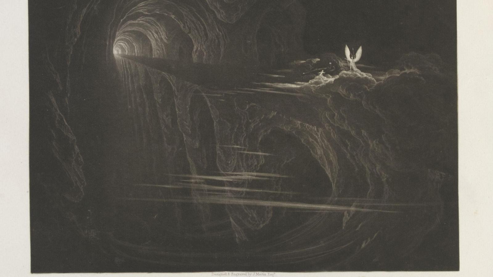A mezzotint laid on paper depicting the bridge over chaos in Paradise Lost. An angelic looking figure with wings stands on a bridge opposite a smaller figure. They are in a cavernous space, with a perilous drop from the bridge. 