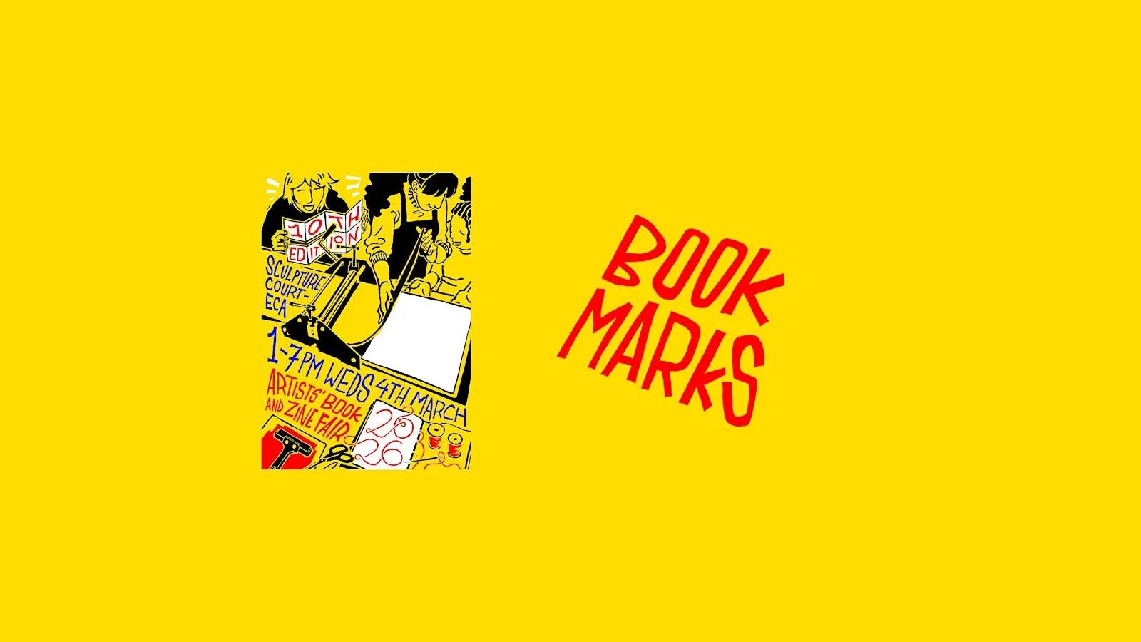 An illustration of students using a printing press. Around them are papers, rollers and paint and words reading '10th edition Sculpture Court ECA, 1-7pm Weds 4th March, Artists' Book and Zine Fair'.