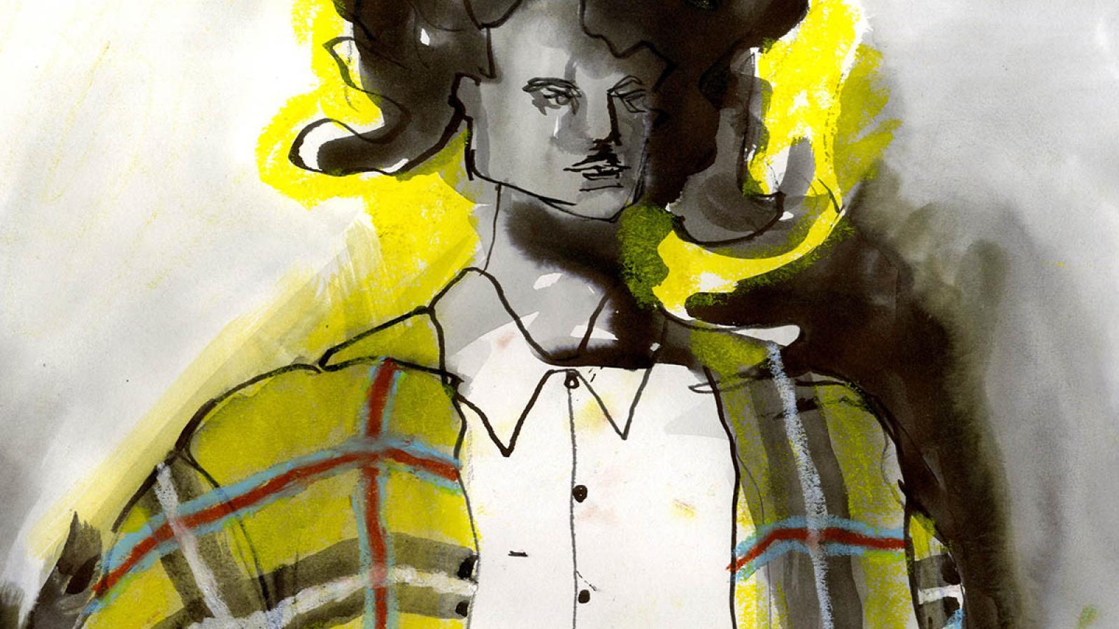 A striking, stylised fashion illustration done in pen and mixed media of a model wearing a yellow, red and black checked coat. They have dark curly hair.