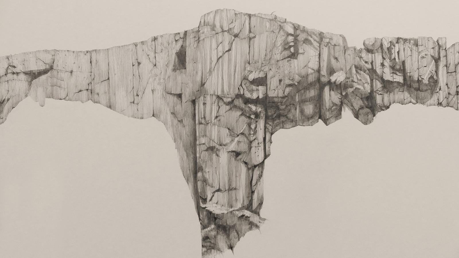 Detail from a pencil drawing of a rock face on a buff-coloured background