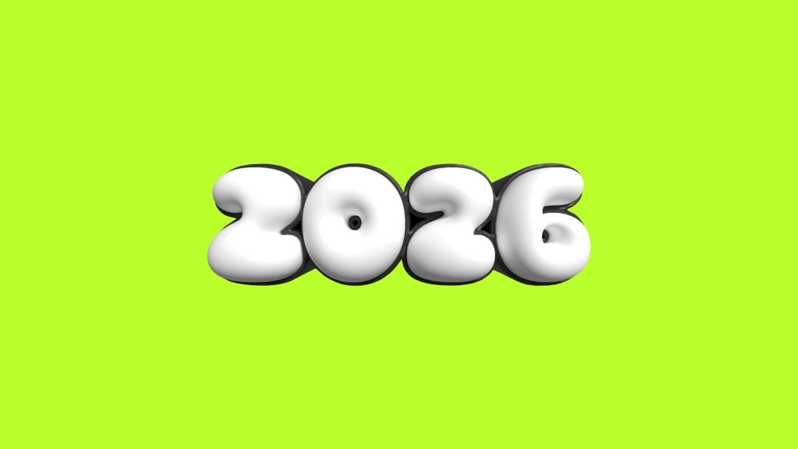 A neon green background with a white, inflated looking 2026 number in the centre.