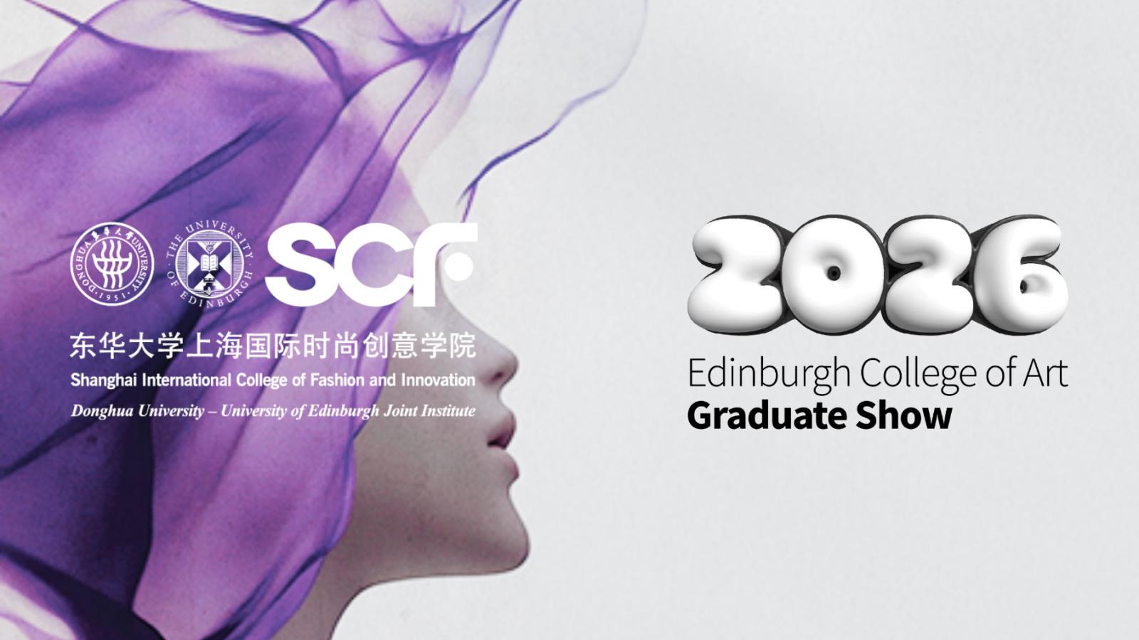A side profile of a person with a purple fabric draped to the side of their face. The words 2026 Edinburgh College of Art Graduate Show sit to the side.