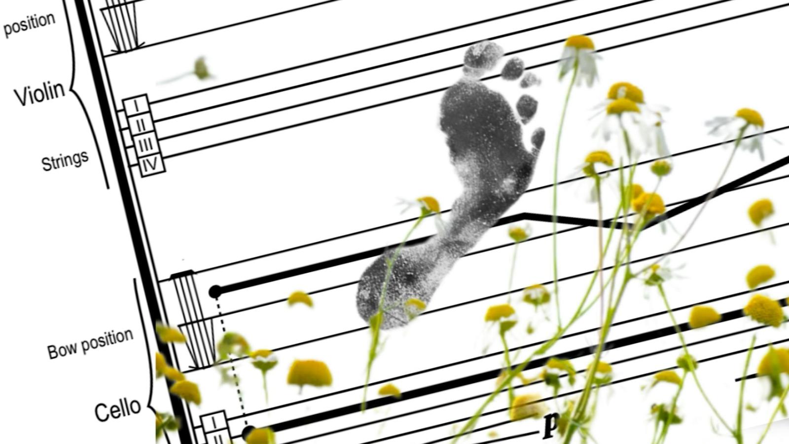 A footprint on top of a sheet of music, with flowers surrounding the right side of the foot.