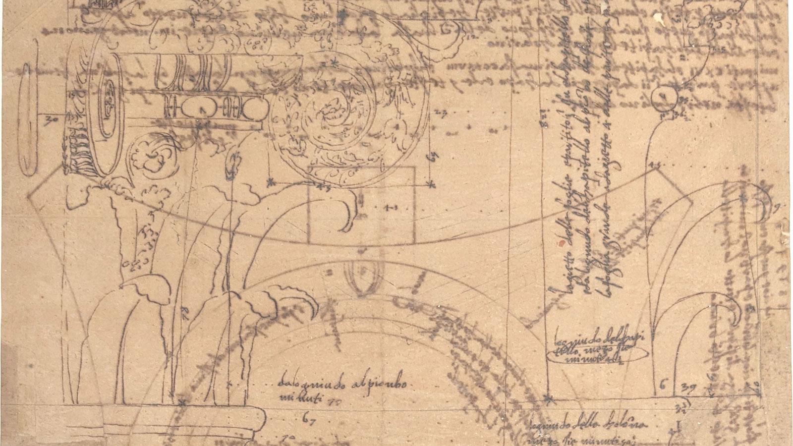 A portion of an ink on paper architectural drawing from the 16th Century.