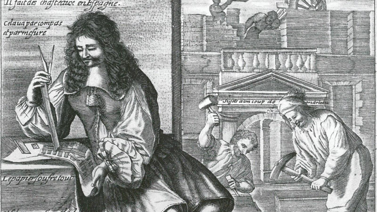 An etching on paper of a man measuring an architectural drawing, whilst two workers toil in the background.