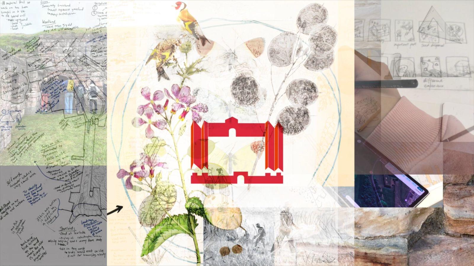A collage of images showing wildflowers and birds, a photograph of students on a field trip, and a plan of the Barracks.