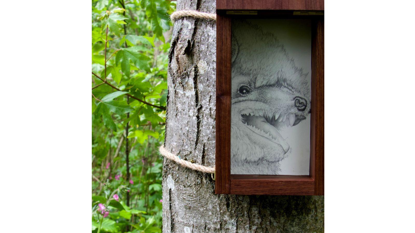 A box made of dark wood is tied to a tree with rope. Within it is a detailed close up drawing of a bat's head. We see its eye, its nose, and sharp teeth in its open mouth. We see greenery behind the tree trunk.