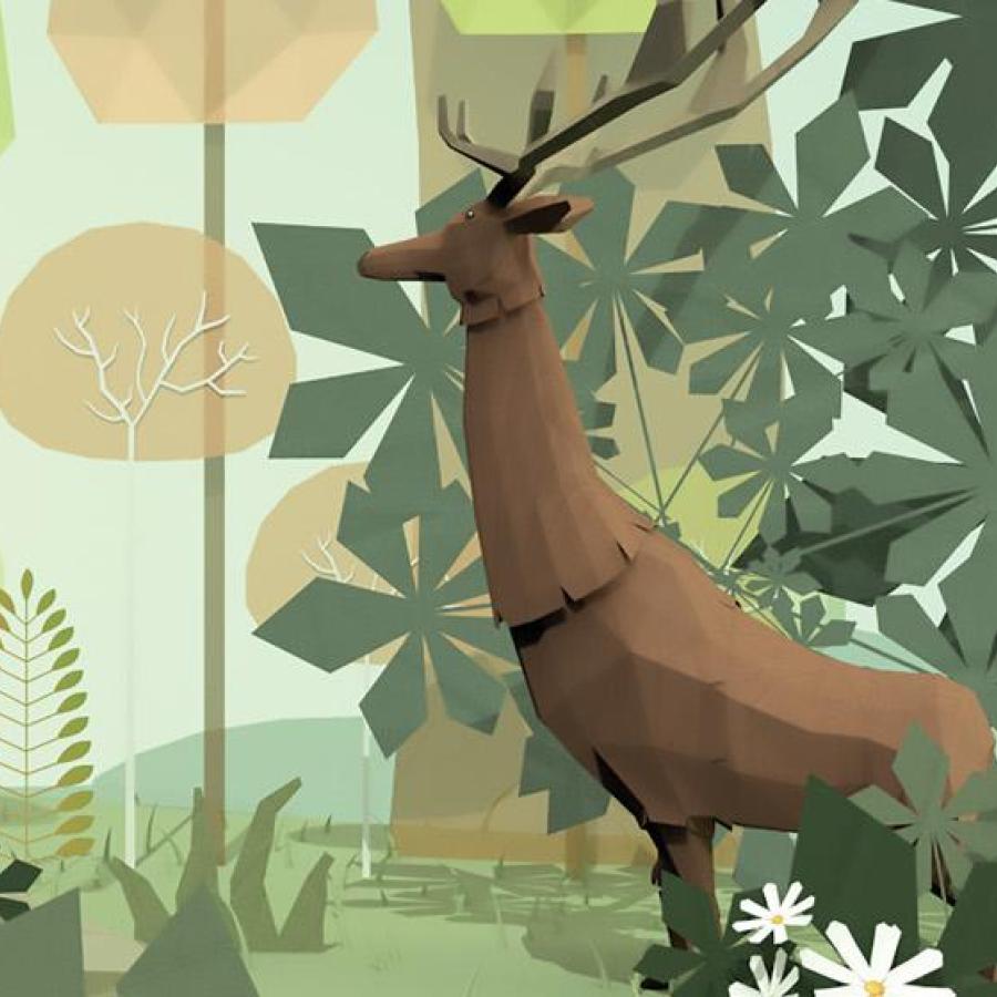 A digital image showing a stag surrounded by green leaves
