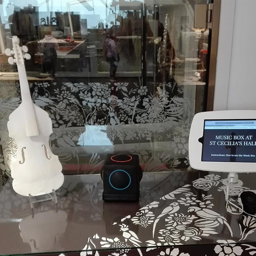 View into St Cecilia's Museum showing digital instruments on display