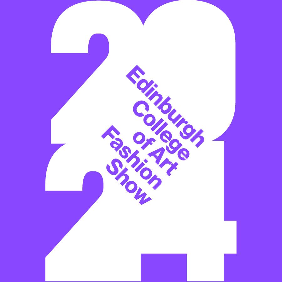 A purple graphic with a white silhouette of the number 2024, and purple text in the middle reading Edinburgh College of Art Fashion Show