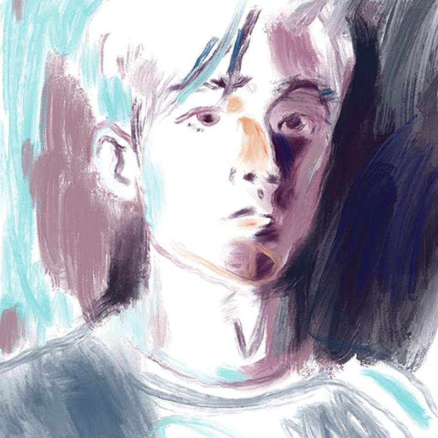 A painted portrait of Ethan Zhao, created with blues and purples and yellows.