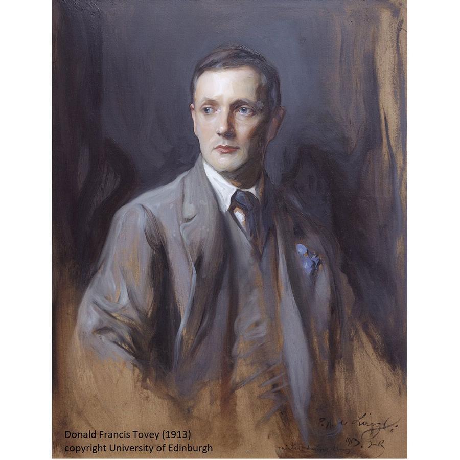 A painting of Donald Francis Tovey wearing a grey/brown suit and looking to the side.
