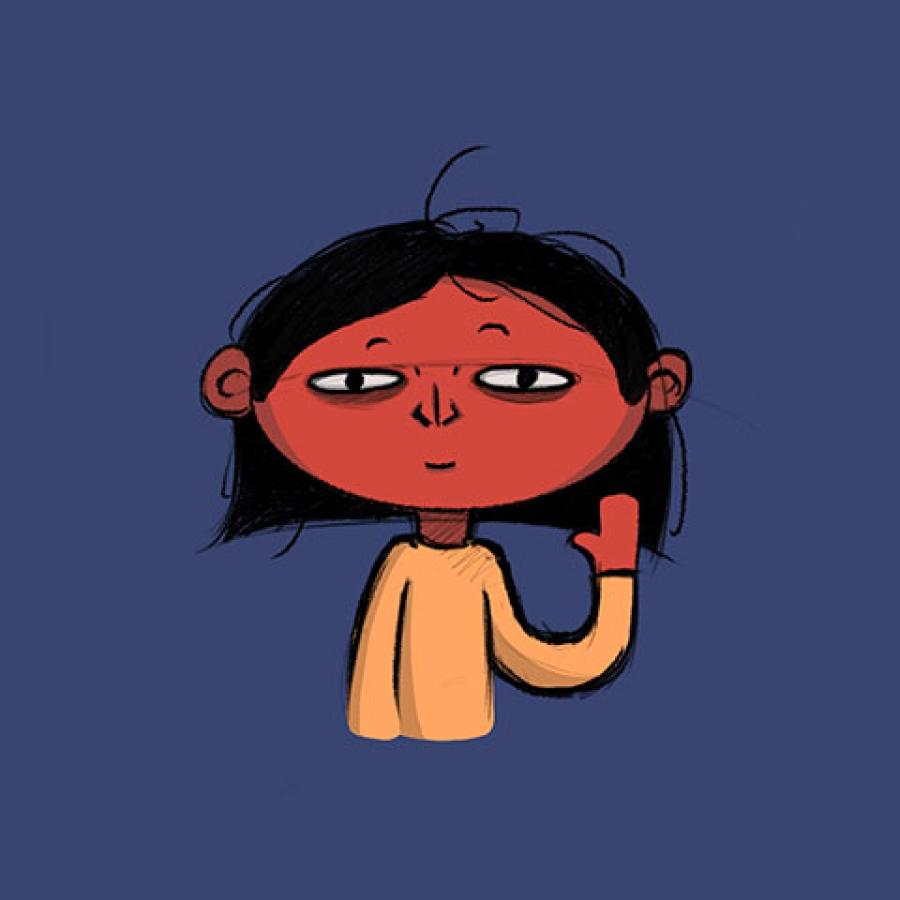 An illustration of a someone with short black hair, wearing a yellow top and waving.