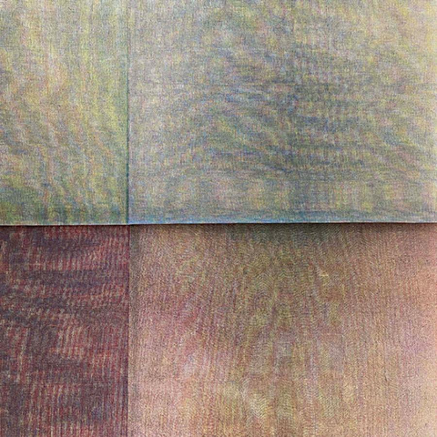 A close up of a painting featuring four sections of different colours - blue, orange, red and green.
