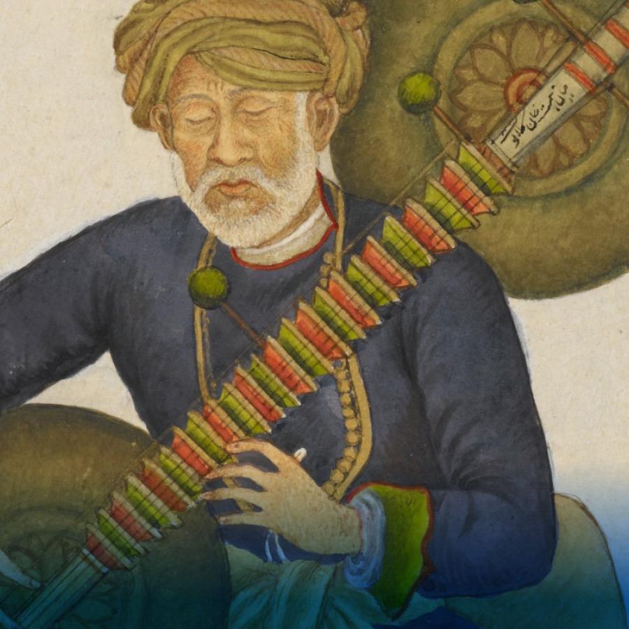 A painting of a person wearing a navy blue jacket and yellow turban. They hold a sitar 