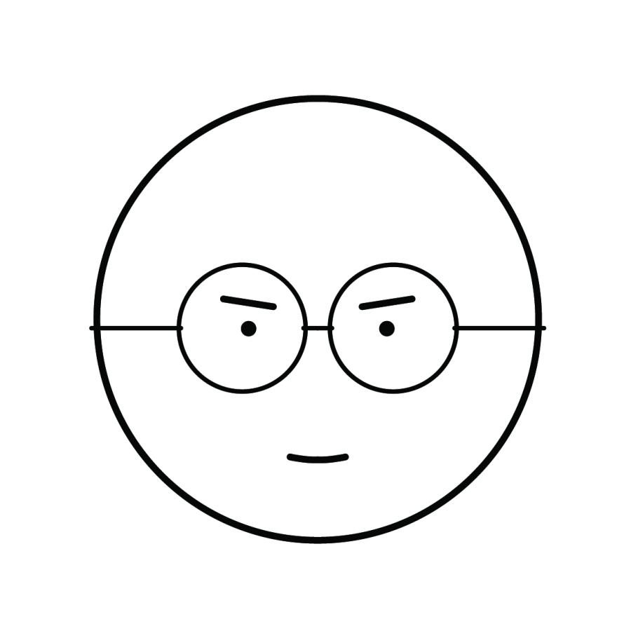 A line drawing of a round face with glasses, a slight frown and smile.