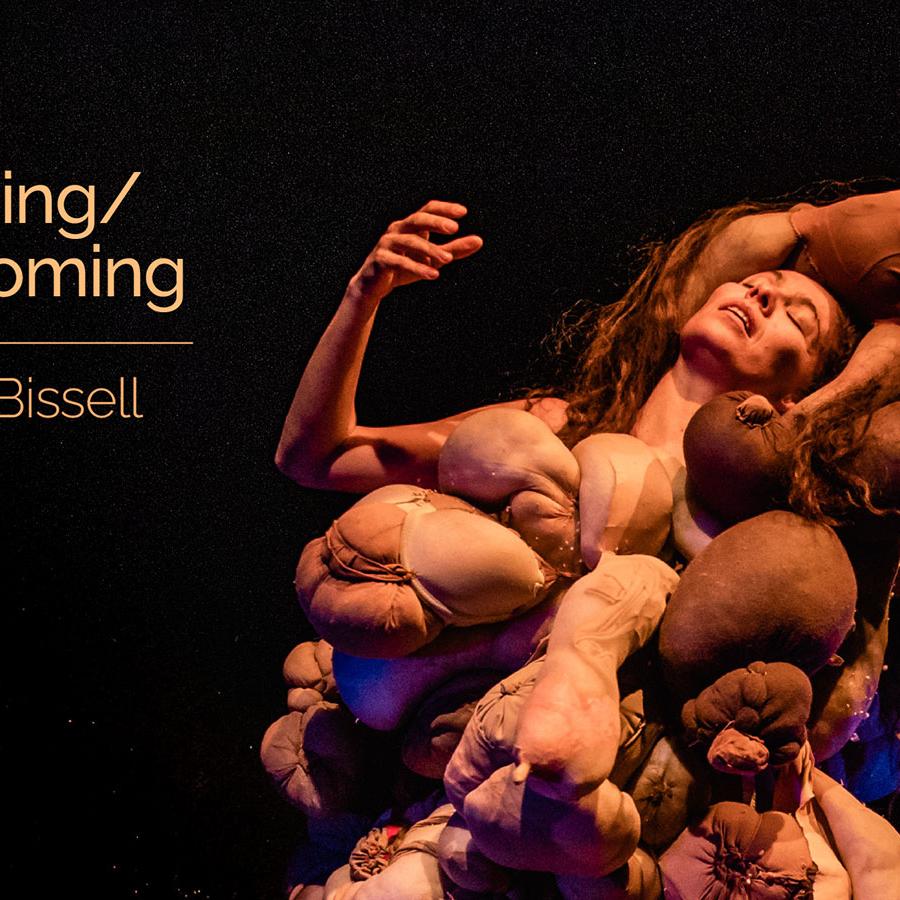 A poster with a person standing, covered in flesh coloured, limb-like objects.