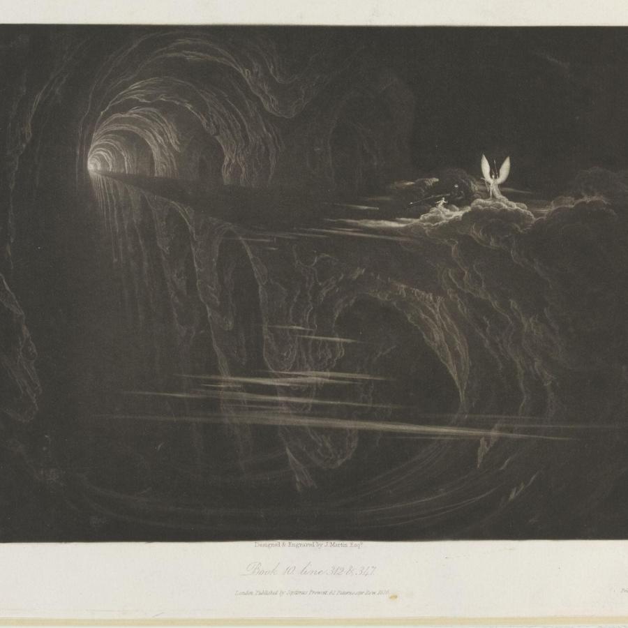 A mezzotint laid on paper depicting the bridge over chaos in Paradise Lost. An angelic looking figure with wings stands on a bridge opposite a smaller figure. They are in a cavernous space, with a perilous drop from the bridge. 