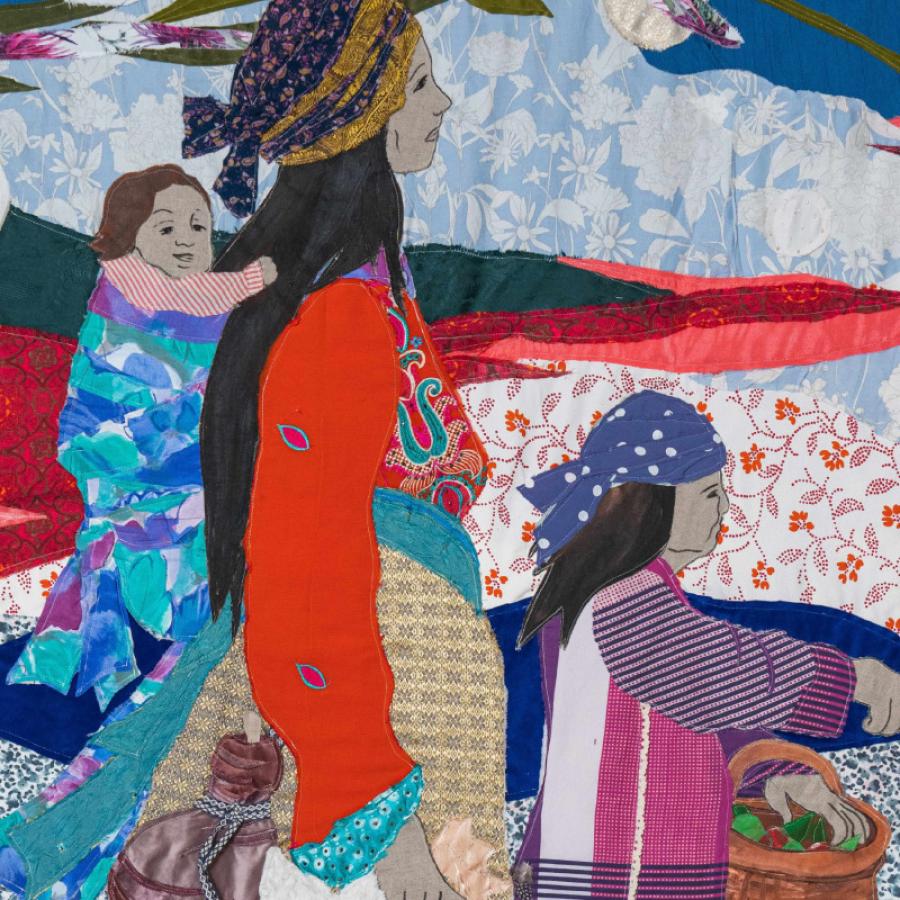An artwork composed of acrylic paint and multiple kinds of textiles, depicting a person with a child strapped to their back and another child walking in front of them.