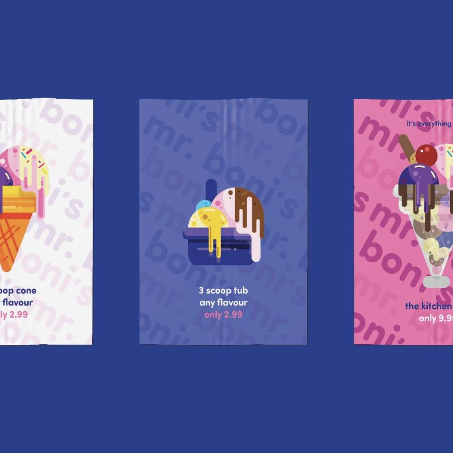 three graphic design advertising concepts for ice cream, in white, blue and pink colours and a bold graphic style
