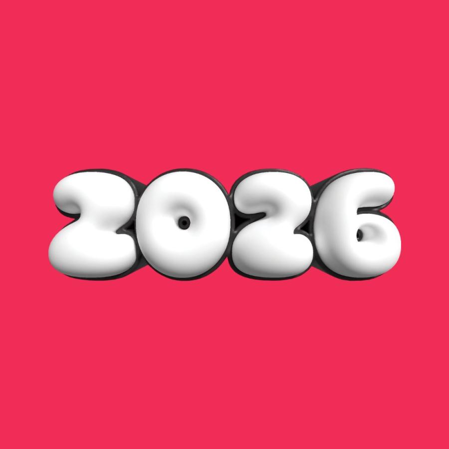 A hot pink background with an inflated looking number reading 2026.