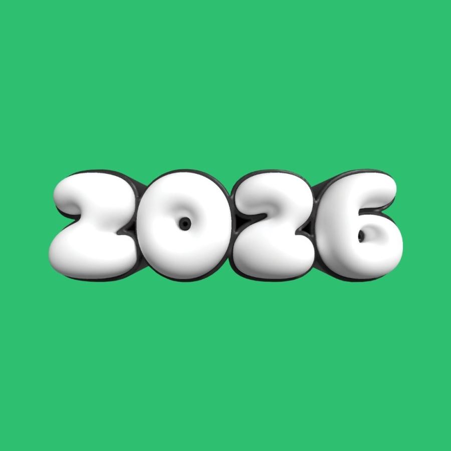 A minty green background with an inflated looking number reading 2026.